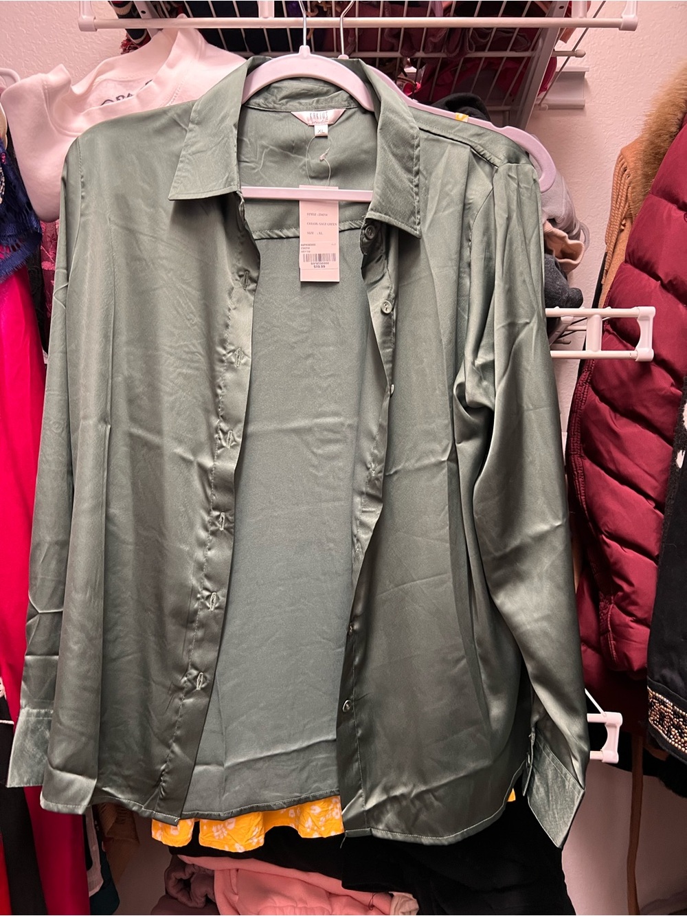 KAKTUS Sage Green Satin Button-Down Shirt